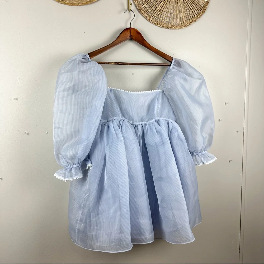 SELKIE The Puff Dress Sheer Blue Babydoll Pinstripe Dress Size Small - Picture 8 of 17